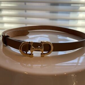 Massimo Dutti Beige Leather Belt with Gold Buckle